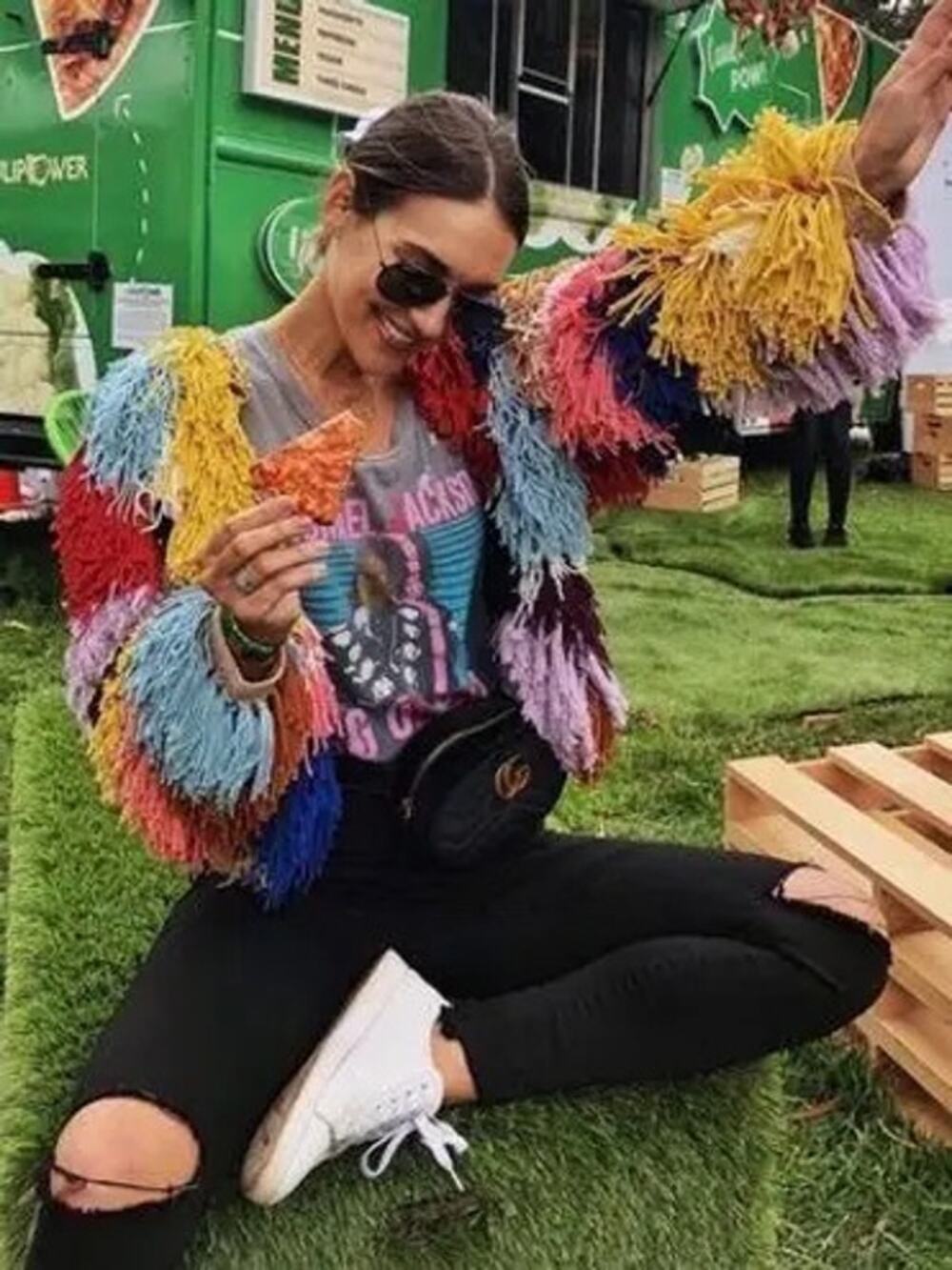 Alice + Olivia Fawn Multicolor Fringe Jacket rainbow yarn crochet size XS